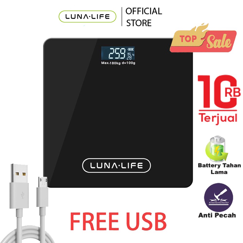 Lunalife Timbangan Badan Digital With USB Charging Anti Pecah With LCD GARANSI 3 TAHUN Official