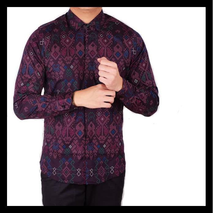 (New Product) Kemeja Lengan Batik Songket Purple / Baju Cowok Batik Songket Panjang
