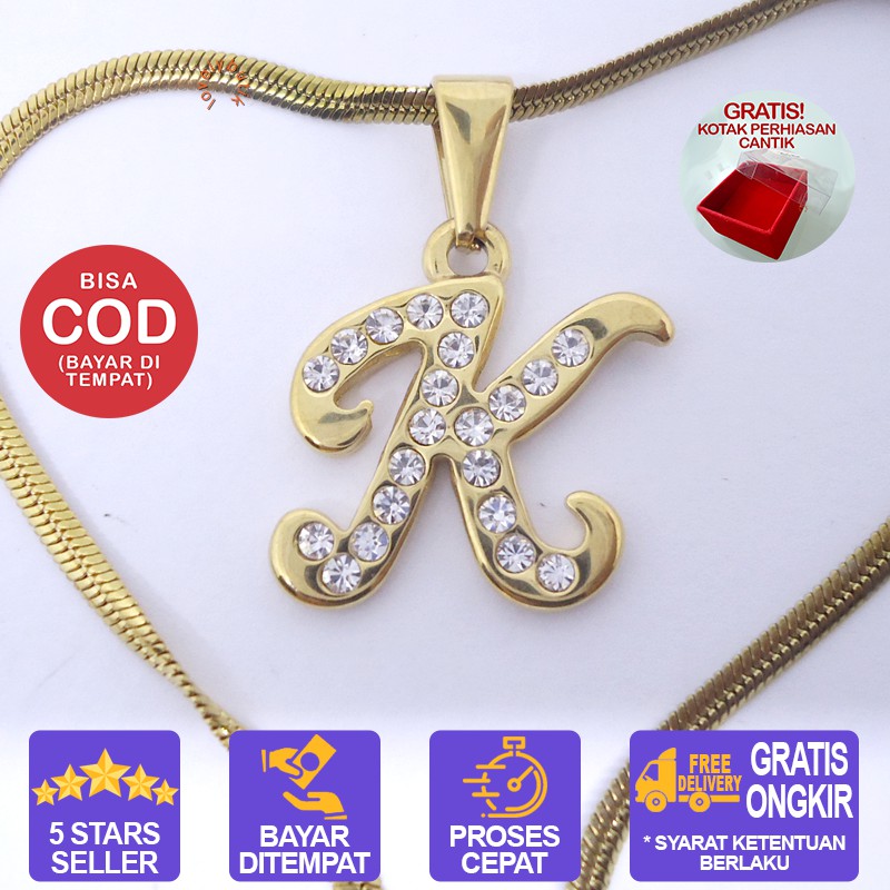 Lovelybutik Honey Kalung Huruf Titanium Anti Karat Inisial K Uk 45 cm BONUS KOTAK PERHIASAN