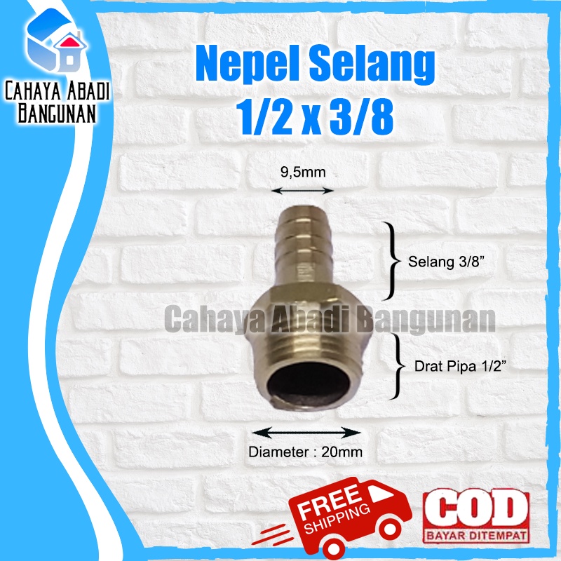 Nepel Selang 1/2 x 3/8 Inch Drat Luar Kuningan Sambungan Hose