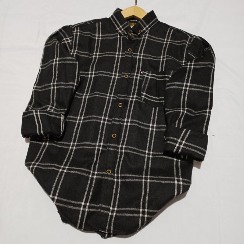 Kemeja flanel pria unisek flanel wanita panjang kotak-kotak kualitas impor bisa pilih motif-Hitam garis 2 putih