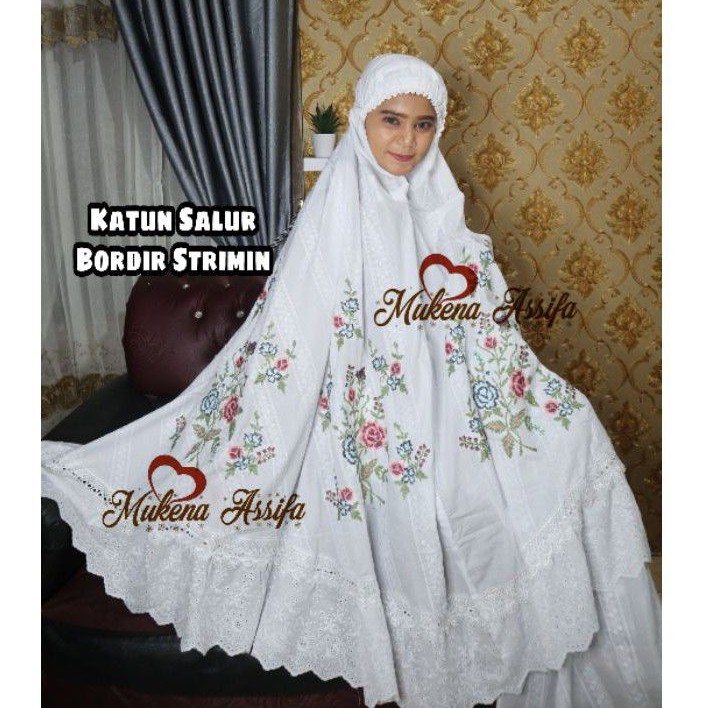 Mukena Bordir Strimin Katun salur premium Ukuran jumbo Putih