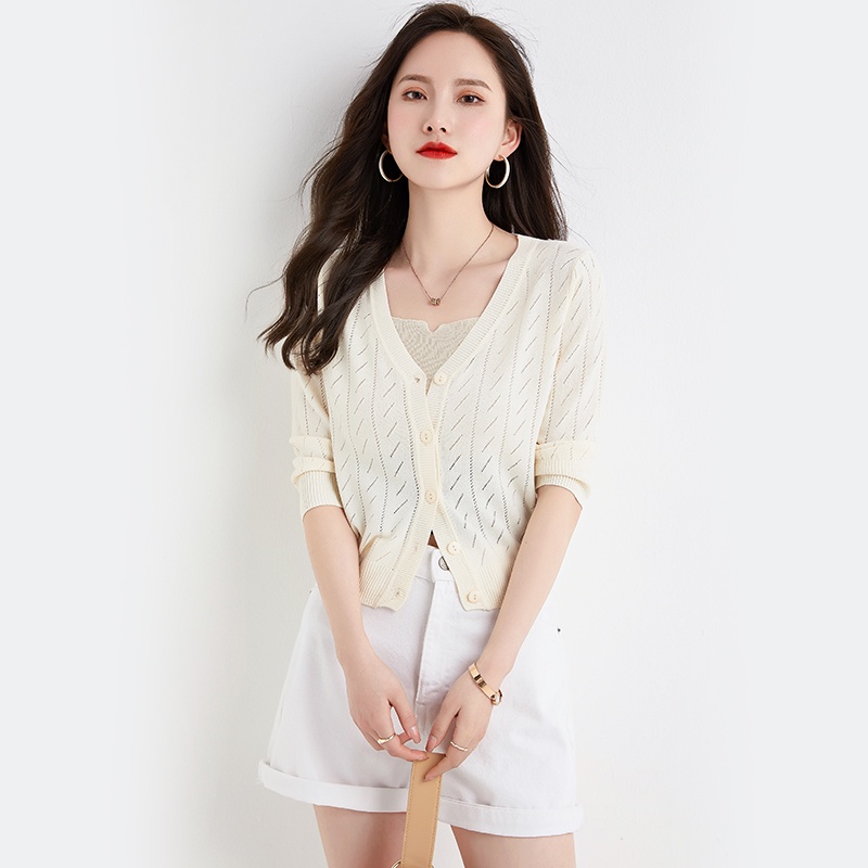 【Elegant】Korean Soft Button Knited Long Sleevee V-Neck T-Shirt 7483