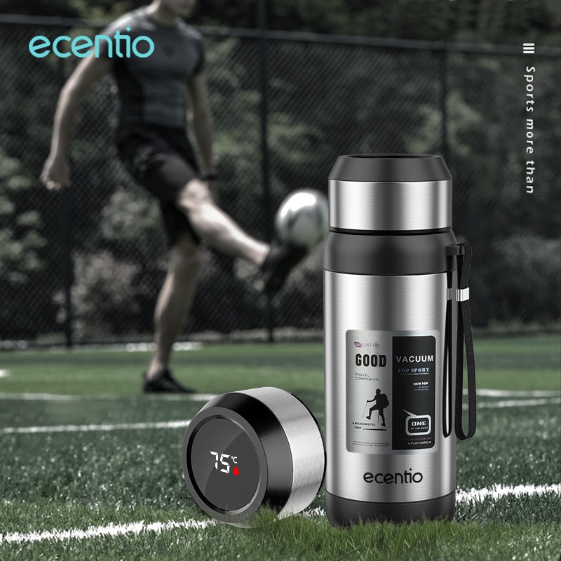 ecentio Thermos 1 liter silver kapasitas besar 1000ml Termos air panas Led Display Botol Minum stainless steel 304 outdoor