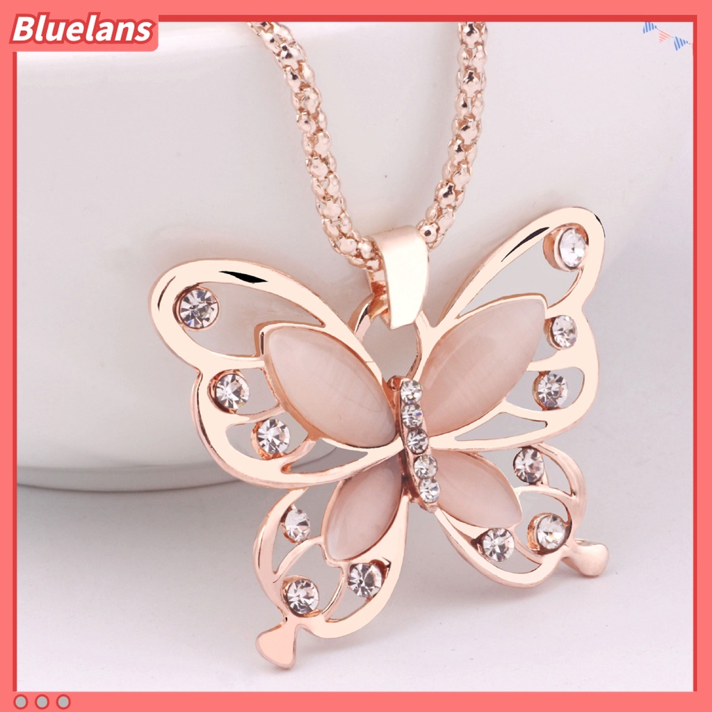 Bluelans Kalung Liontin Kupu-Kupu Warna Rose Gold Aksen Berlian Imitasi Untuk Wanita