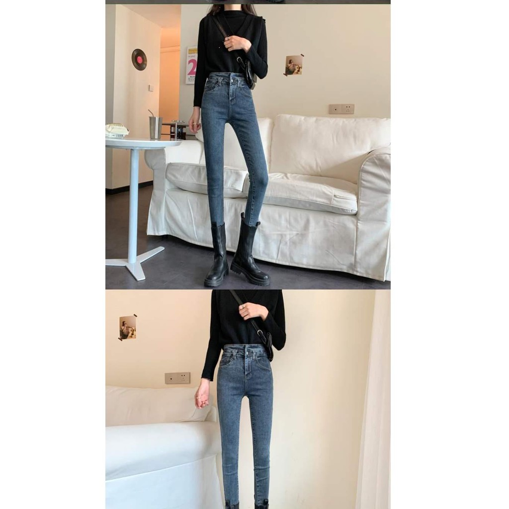 Suhao Retro Tinggi Pinggang Ketat Lurus Celana Jeans Wanita Musim Gugur Celana Kurus Slim Fit Burr C