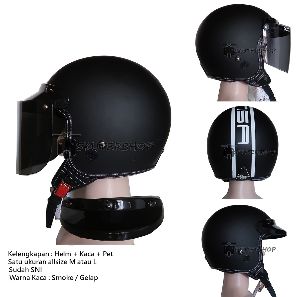 Helm Bogo Retro JPN Klasik Japstyle Monsa 02 Ultimate 04 Hitam Doff Cargloss + Pet + Kaca Datar Ori