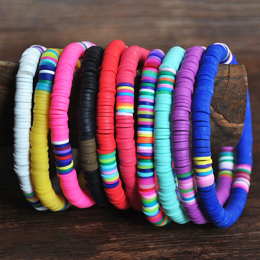 Hu Hu Hu Hu Hu Alat Bantu Pasang Kacamata♡ 5 / 7Pcs Gelang Manik-Manik Polymer Clay Warna Pelangi Gaya Boho Untuk Wanita