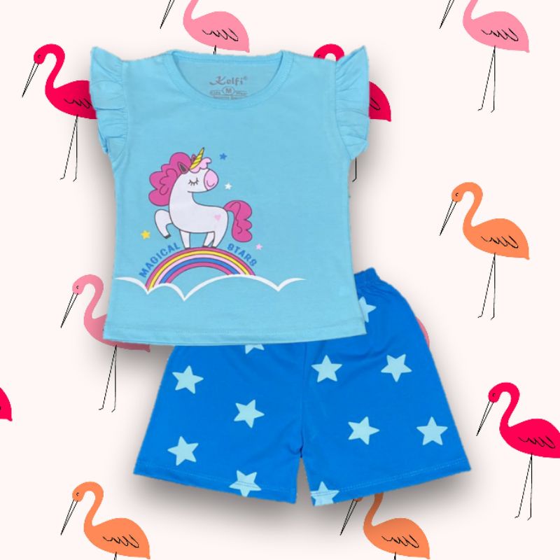 SETELAN ANAK PEREMPUAN STELAN ANAK PEREMPUAN SETELAN BAJU PEREMPUAN SETELAN ANAK CEWEK RUFLE KELFI-Set rufle biru