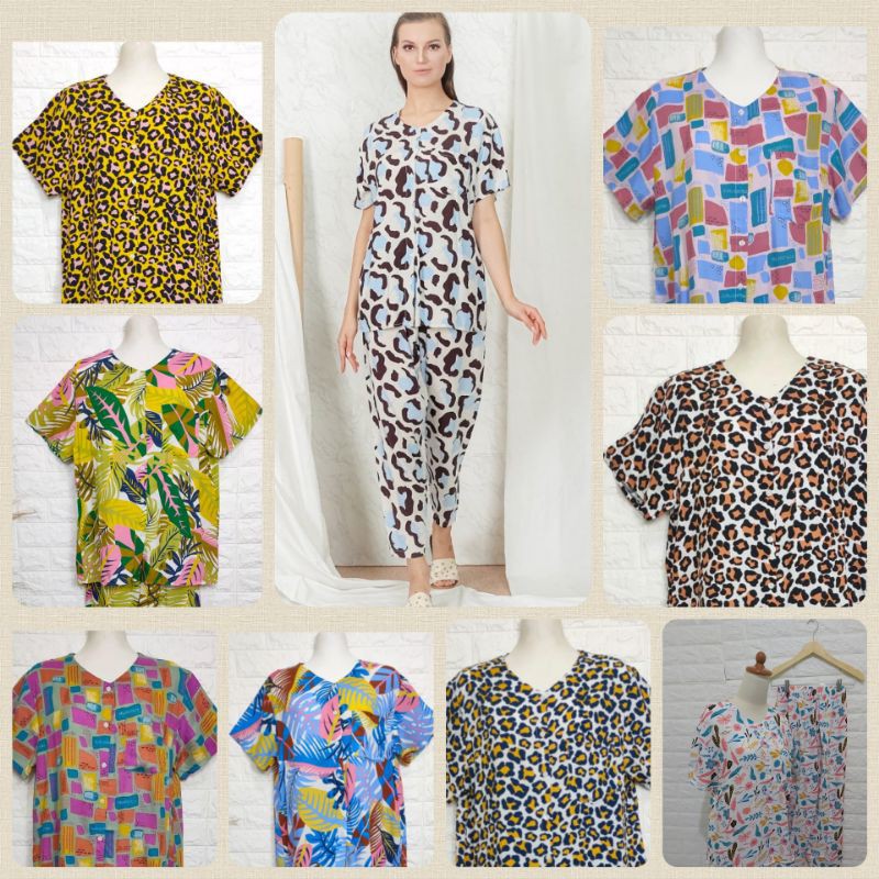 DAILY SET / PIYAMA RAYON PREMIUM SET CELANA PANJANG LENGAN PENDEK BABYDOLL KRAH BULAT BY AMRO