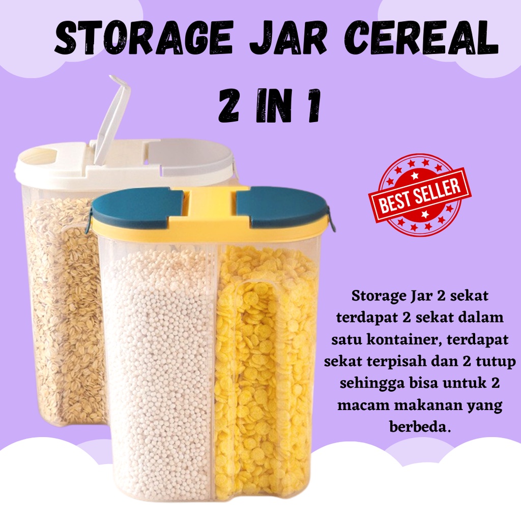 TERLARIS!!! Toples Kontainer Tempat Penyimpanan Makanan Storage Jar Cereal 2 In 1