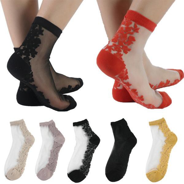 Kaos Kaki WANITA Transparan Printing Bunga / Ultra Thin Crystal Mesh Ankle Socks