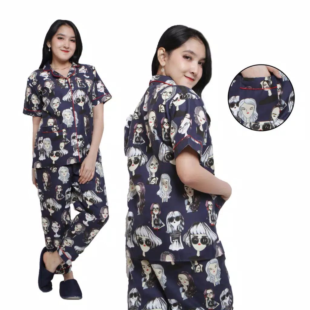 BAJU TIDUR WANITA/PIYAMA WANITA KATUN MOTIF RETRO HITAM PUTIH CP/PP