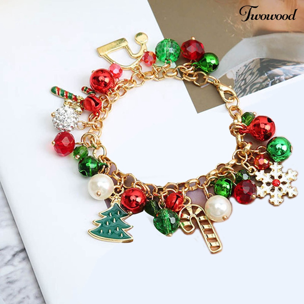 Twowood Alloy Christmas Bracelet Bell Faux Crystal Snowflake Christmas Tree Bracelet for Party