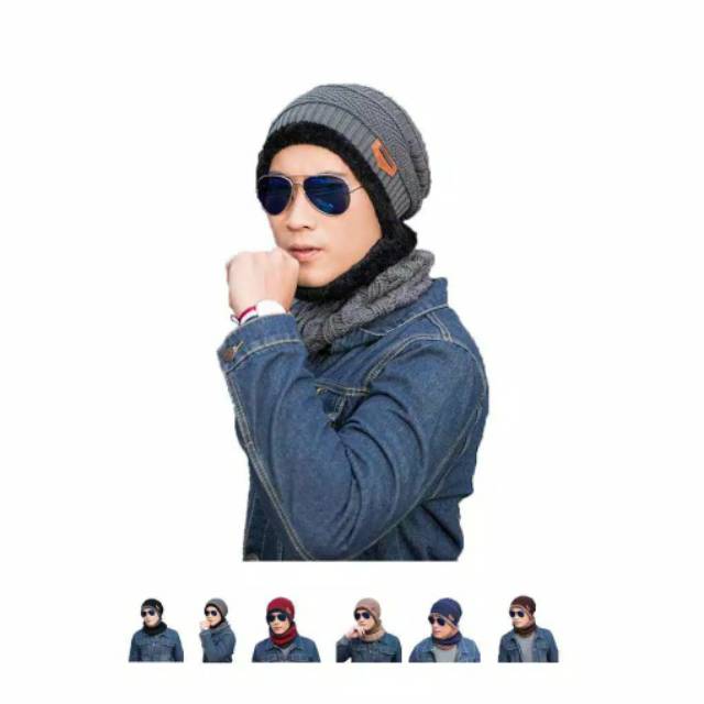 Set Topi winter dan syal rajut tebal topi beanie kupluk and scarf topi musim dingin ala Korea style