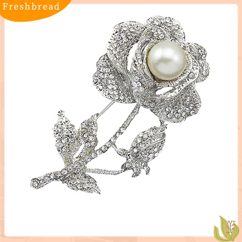 [ TERLARIS]Women's Rose Flower Faux Pearl Rhinestone Brooch Pin Bridal Wedding Jewelry Gift