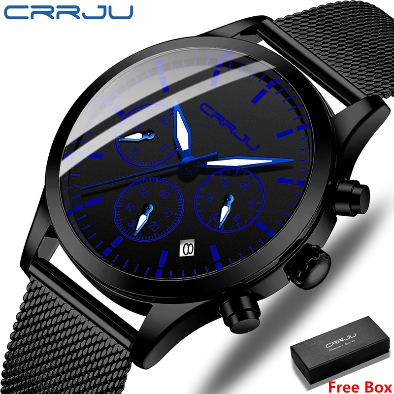 CRRJU Original Jam Tangan Pria Fashion Kronograf besi tahan karat Anti Air Sports Jam Tangan Cowok + Kotak