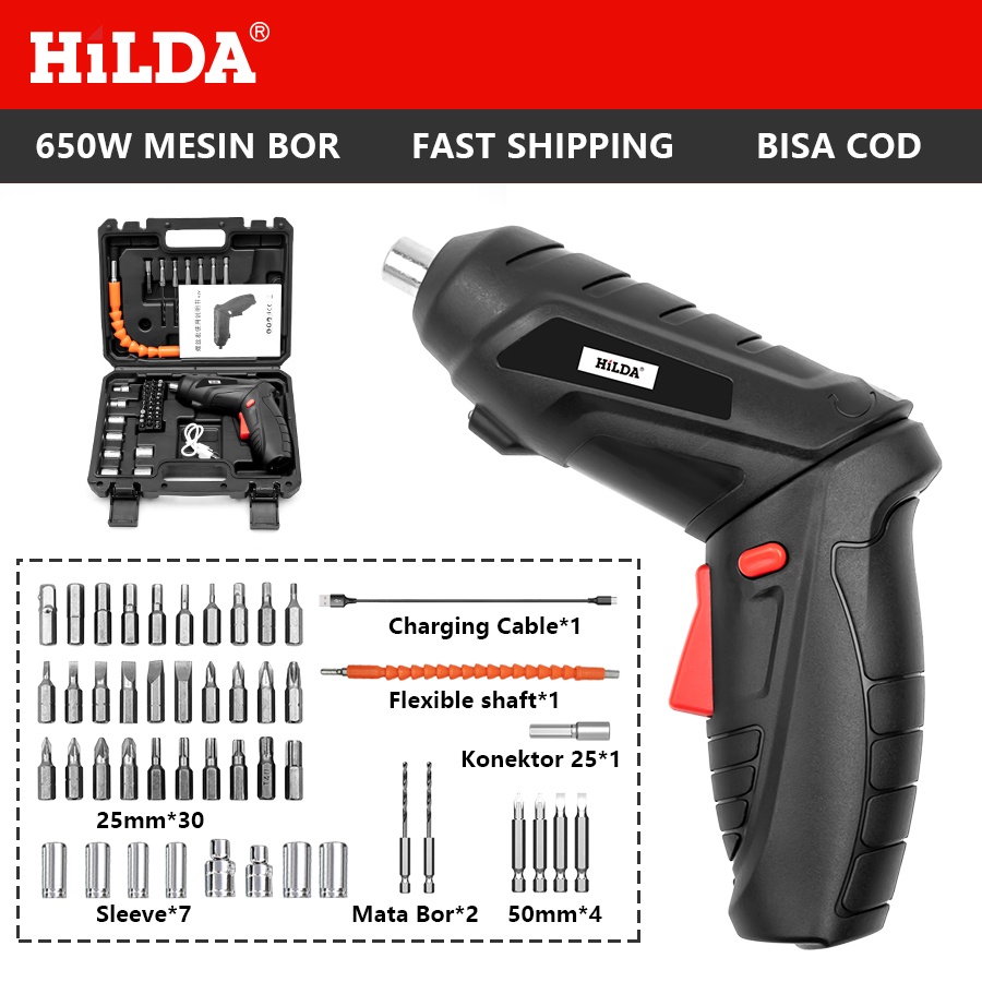 HILDA cordless Screwdriver 4.2V mesin bor baterai Mesin Bor Cordless Mini 48pcs Set Screwdriver set