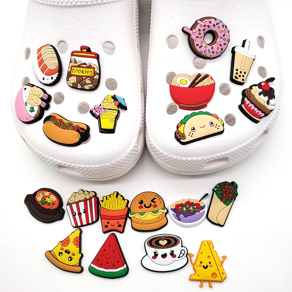 Jibbitz shoe charms Crocs Pin Makanan Hamburger/Kentang Goreng/Minuman Sandal decorate Lubang Sepatu accessories Motif Kartun DIY imut gesper sepatu Bahan