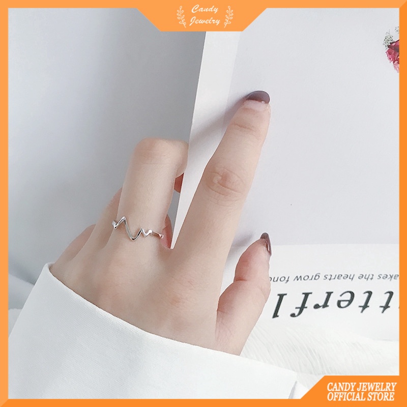 Cincin Jari Adjustable Desain Detak Jantung Warna Silver Gaya Korea Untuk Wanita