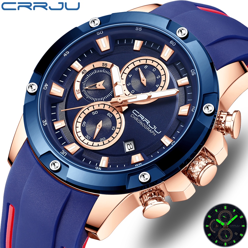 Jam Tangan Pria CRRJU Fashion Sport Crononya Aktif Quartz Jam Tangan Cowok Gel Silika Militer Tali Tahan Air Arloji