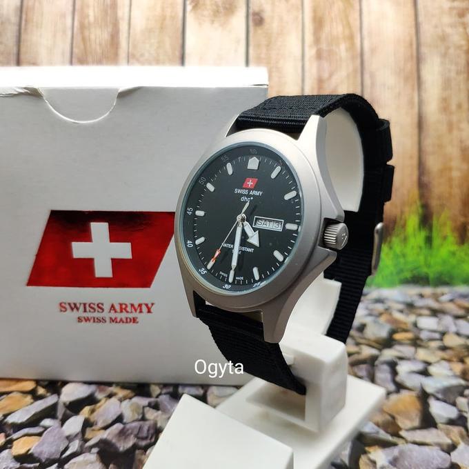 RECOMENDED SWISS ARMY ANALOG JAM TANGAN PRIA SILVER HITAM CANVAS 1880G ORIGINAL