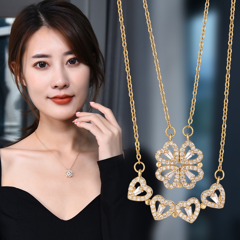 Kalung Rantai Emas 18K Liontin Hati Clover Hias Berlian Cubic Zirconia Gaya Korea Untuk Wanita