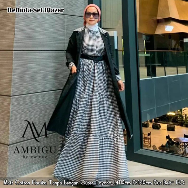 ✔COD GAMIS WANITA FREE BELT REFFIOLA SET MOTIF KOTAK ROMPI BLAZER SET