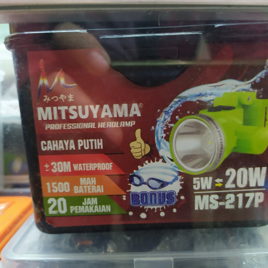 Promo Terbaru!!! Senter Kepala Mitsuyama MS-217p 20Watt High Power Headlamp Rechargeable Water Resistant 30 Meter Bonus Kacamata Selam