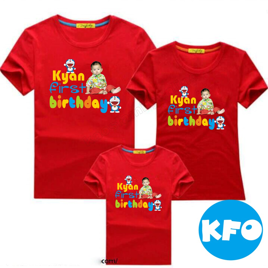 Baju Kaos Ulang Tahun Keluarga Doraemon Foto Family Couple / Kaos Request FREE Nama Tulisan Custom /