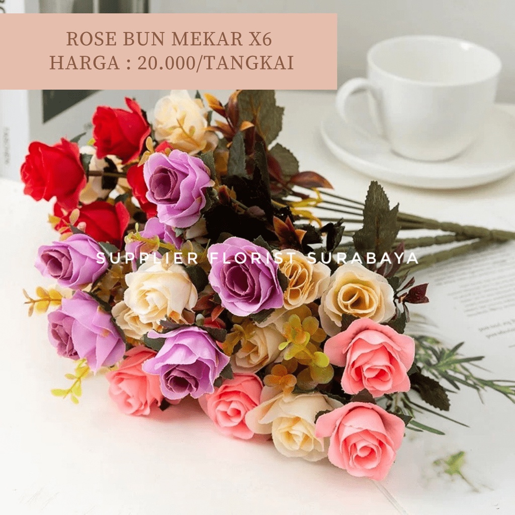 ROSE BUN MEKAR 1 TANGKAI CABANG 6 @2KEPALA, TOTAL 12 KEPALA BUNGA PALSU ARTIFICIAL FLOWER BUNGA MAINAN DIY FLORIST