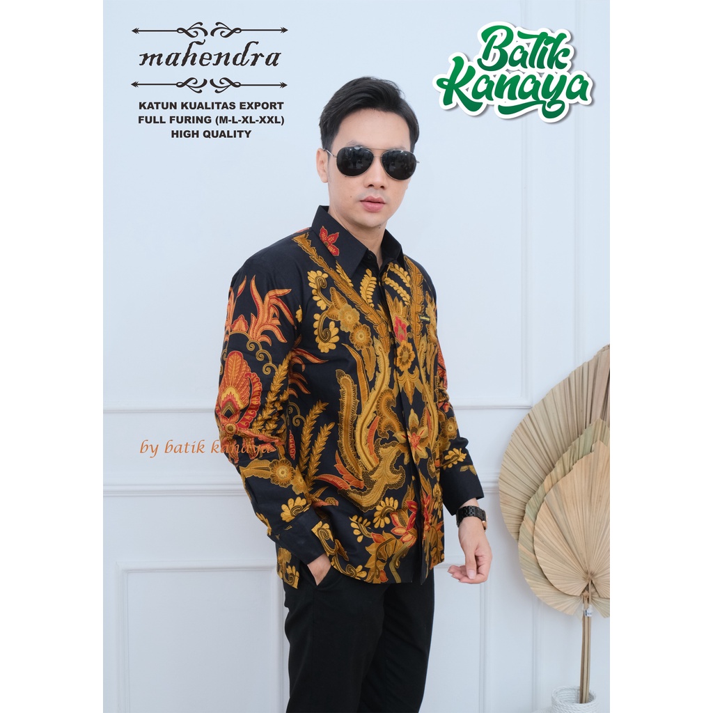 Kanaya Baju Batik Pria Lengan Panjang Modern Full Furing Kualitas Ekspor MAHENDRA Warna Dasar Navy Dongker