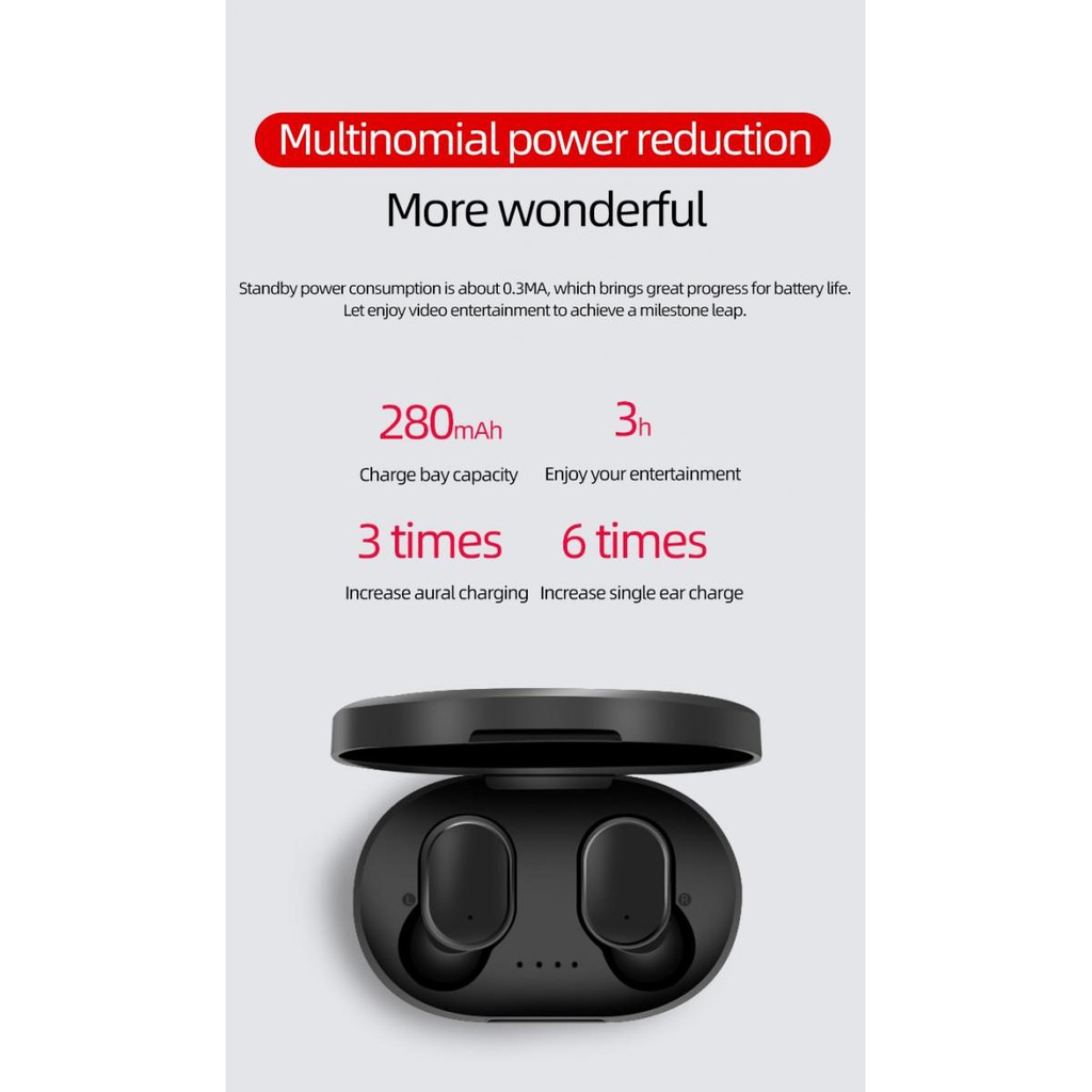 Earphone TWS Sport True Wireless Bluetooth 5.0 with Charging Dock - Robotsky - A6S - Black - headset