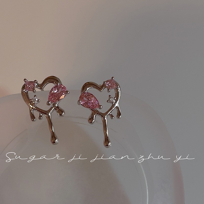 Anting Stud Kristal Bentuk Hati Warna Pink Untuk Wanita