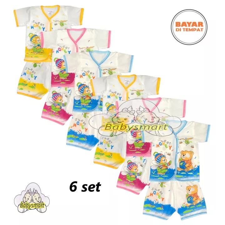 BAYIe - MELODY PUTIH ... 6 SET Setelan Baju Lengan Pendek Bayi+Celana Pendek umur 0-3 bulan