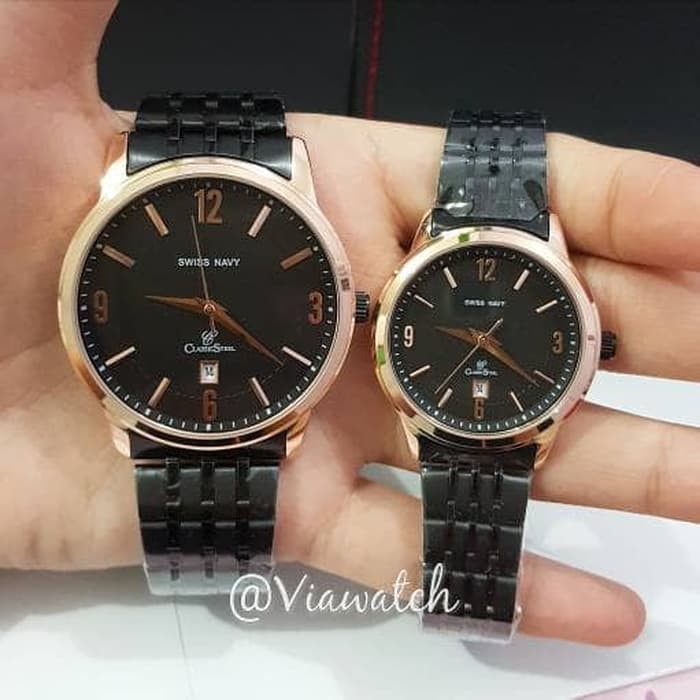 Jam Tangan Couple Swiss Navy 8942 Black Rosegold. Diskon
