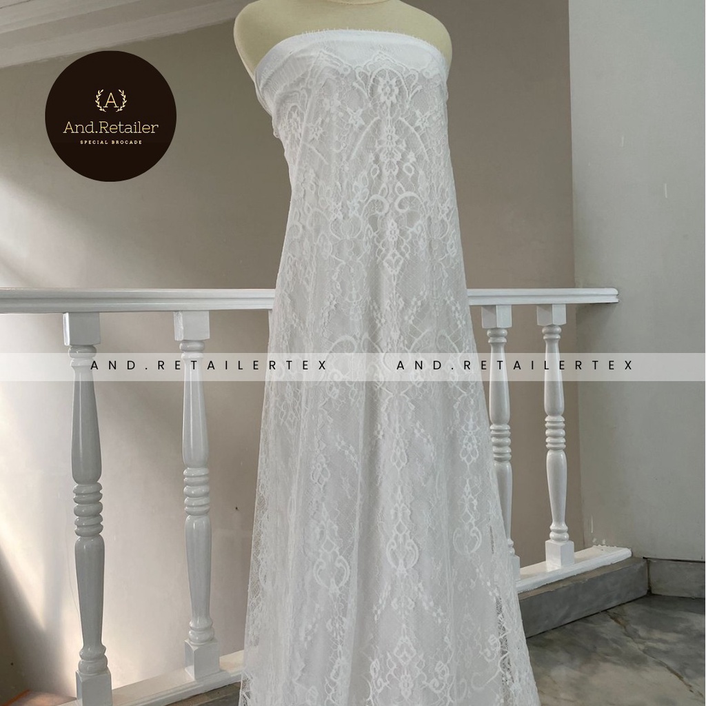 Bahan Kebaya Brokat Semi France Lace Chantily Shantily Katun Per panel 2,5m Warna White Putih