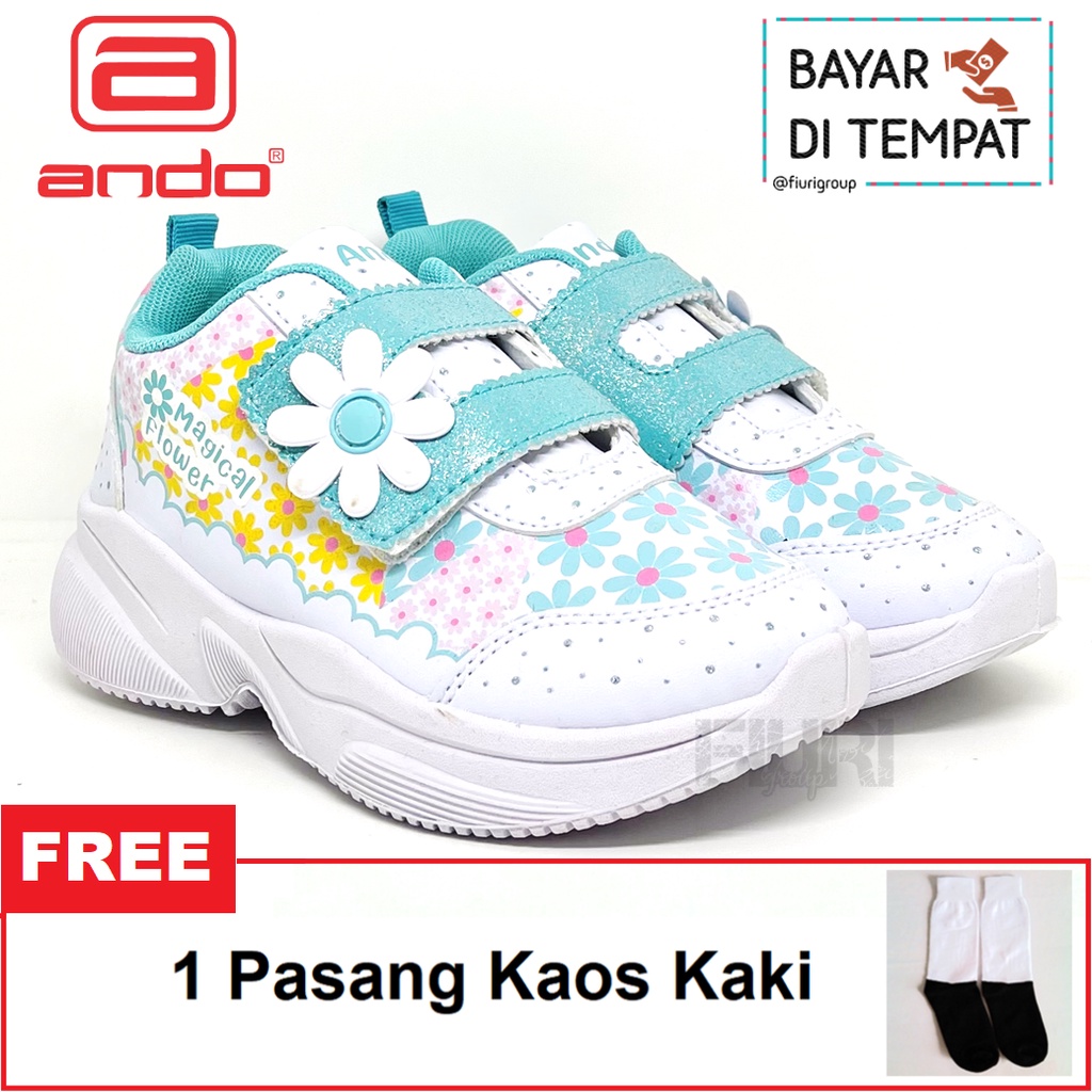 FIURI - ANDO ORIGINAL - MAGICAL FLOWER PEREKAT 29-32 PUTIH BIRU - SEPATU SNEAKERS KANVAS SOL KARET ANAK KECIL PEREMPUAN  - SEPATU BERMOTIF BUNGA KETS LUCU FASHION TRENDY - SEPATU SEKOLAH PAUD TK KRETEKAN PEREKAT CEWEK MURAH PROMO DISKON BONUS KAOS KAKI