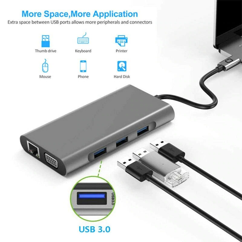 USB Type C Hub 10 in 1 HDMI + VGA + USB 3.0 + RJ45 + Card Reader + PD Charging - HB3004 - Gray