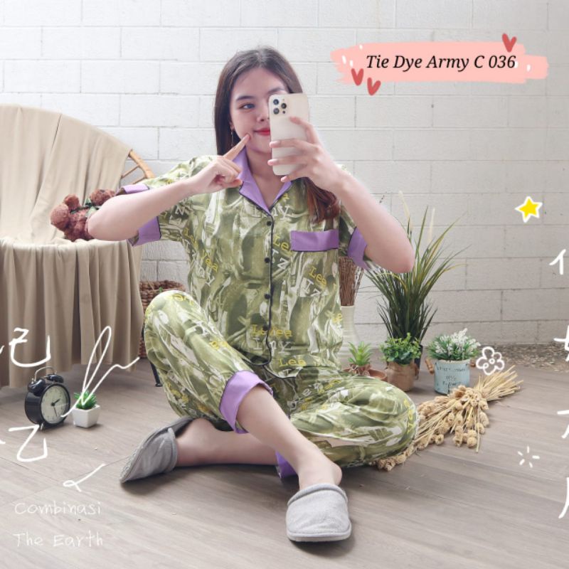 Baju Tidur Piyama Wanita Dewasa Piyama Baju Santai Motif Bunga-Tiedye army ungu