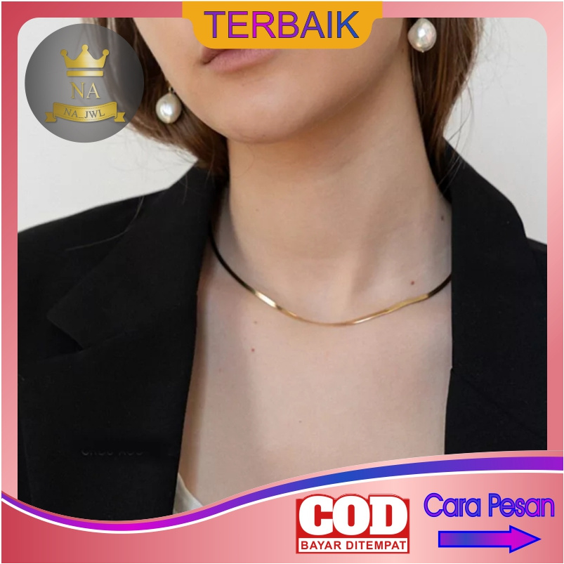 Kalung wanita titanium flat ular anti karat necklace cewek gold silver lapis emas putih