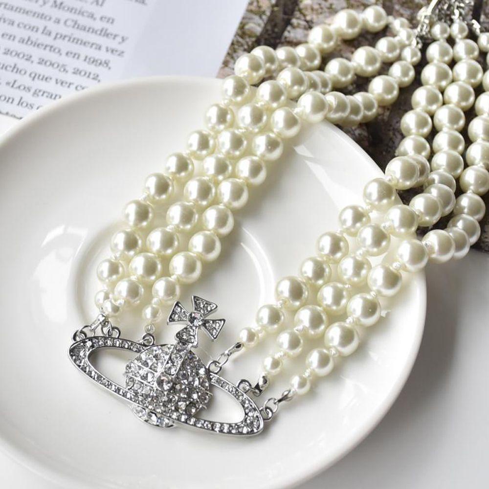 Needway Wanita Kalung Elegan Perhiasan Hadiah Mutiara Berlian Imitasi Salib Saturnus Liontin Alloy Perhiasan Aksesoris