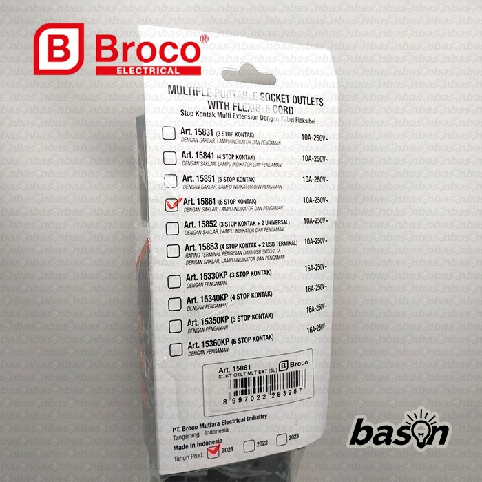 BROCO 15861 Stop Kontak 6 Lubang 10A Arde + Kabel 1.5 m + Switch + CP