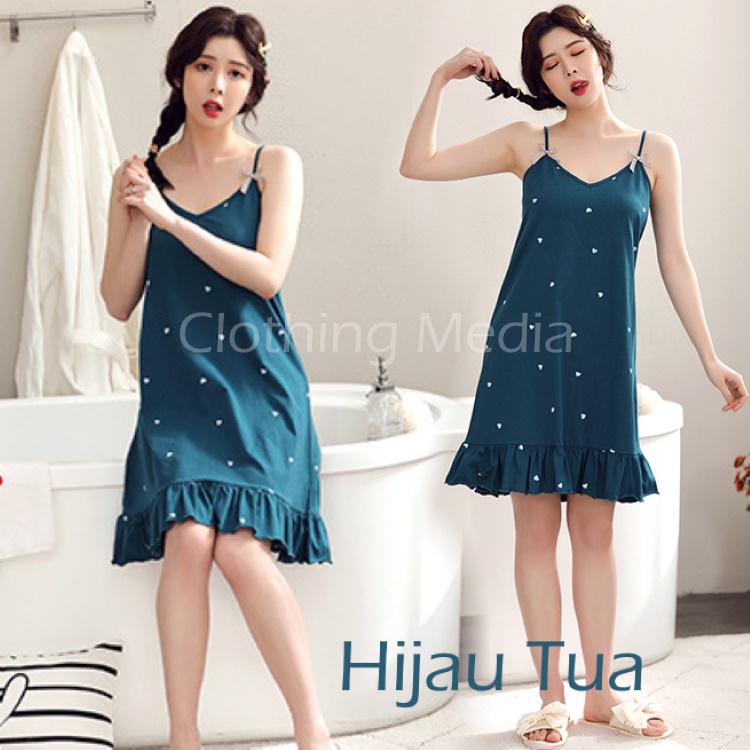 Baju Tidur Wanita Simpel Bahan Katun Korean Ruffle Daily Dress Santai