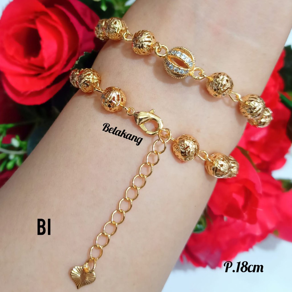 Gelang TITANIUM Rantai bola plat permata varian motif gold,perhiasan wanita terkini COD