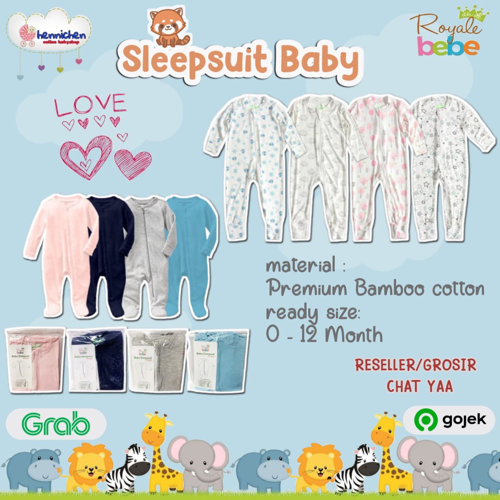 Royale Bebe Bamboo Sleepsuit Bayi zipper resleting 0-12 bulan piyama anak piyama bayi