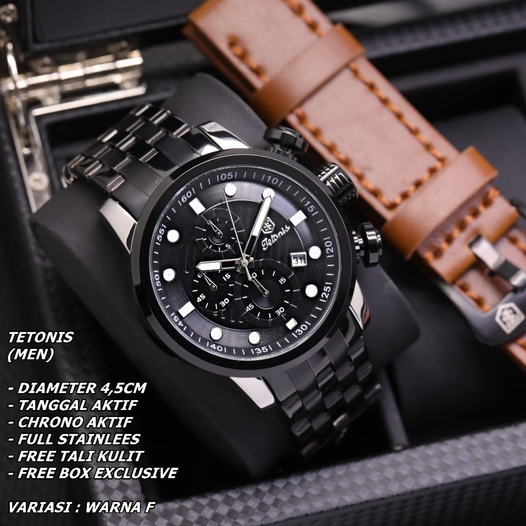 JAM TANGAN PRIA TETONIS RANTAI BODY BULAT TANGGAL &amp; CHRONO AKTIF FREE TALI KULIT