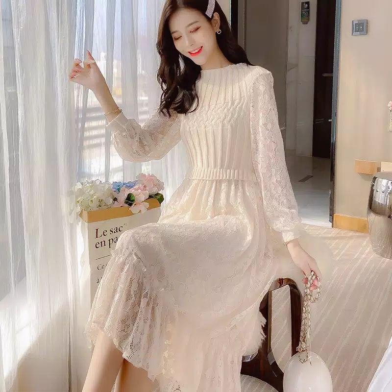 gaun dress lengan tangan panjang rok pendek brukat kombinasi rajut bahan halus import ready cream