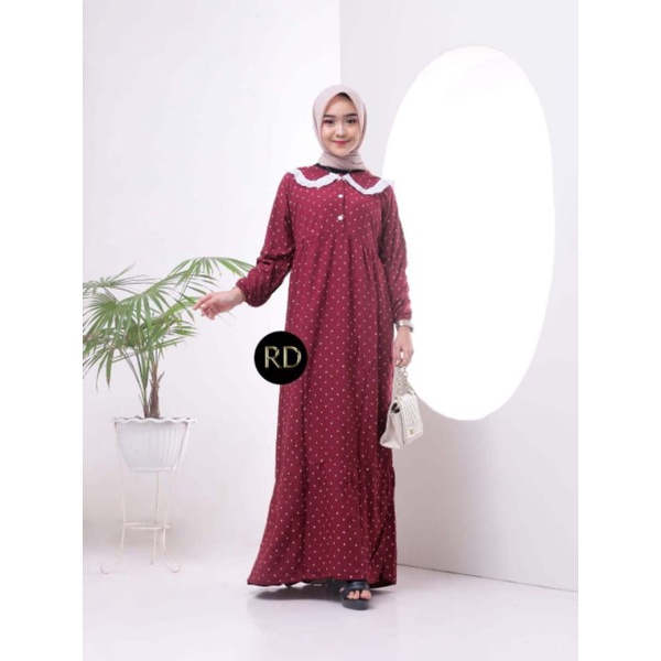 gamis muslimah terbaru poky dress bahan rayon super premium motif polka ld 110