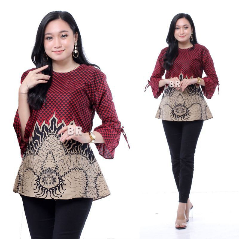 Atasan Blouse Batik Wanita Modern FASHION WANITA Kekinian Brokat Batik Kombinasi Ruby and arsyla-Blous Mowo